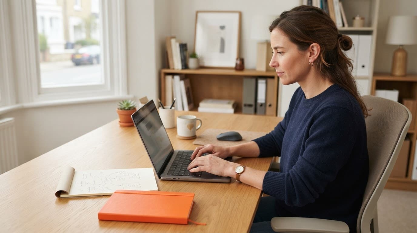 Business owner comparing website options on a laptop beside a paper plan.