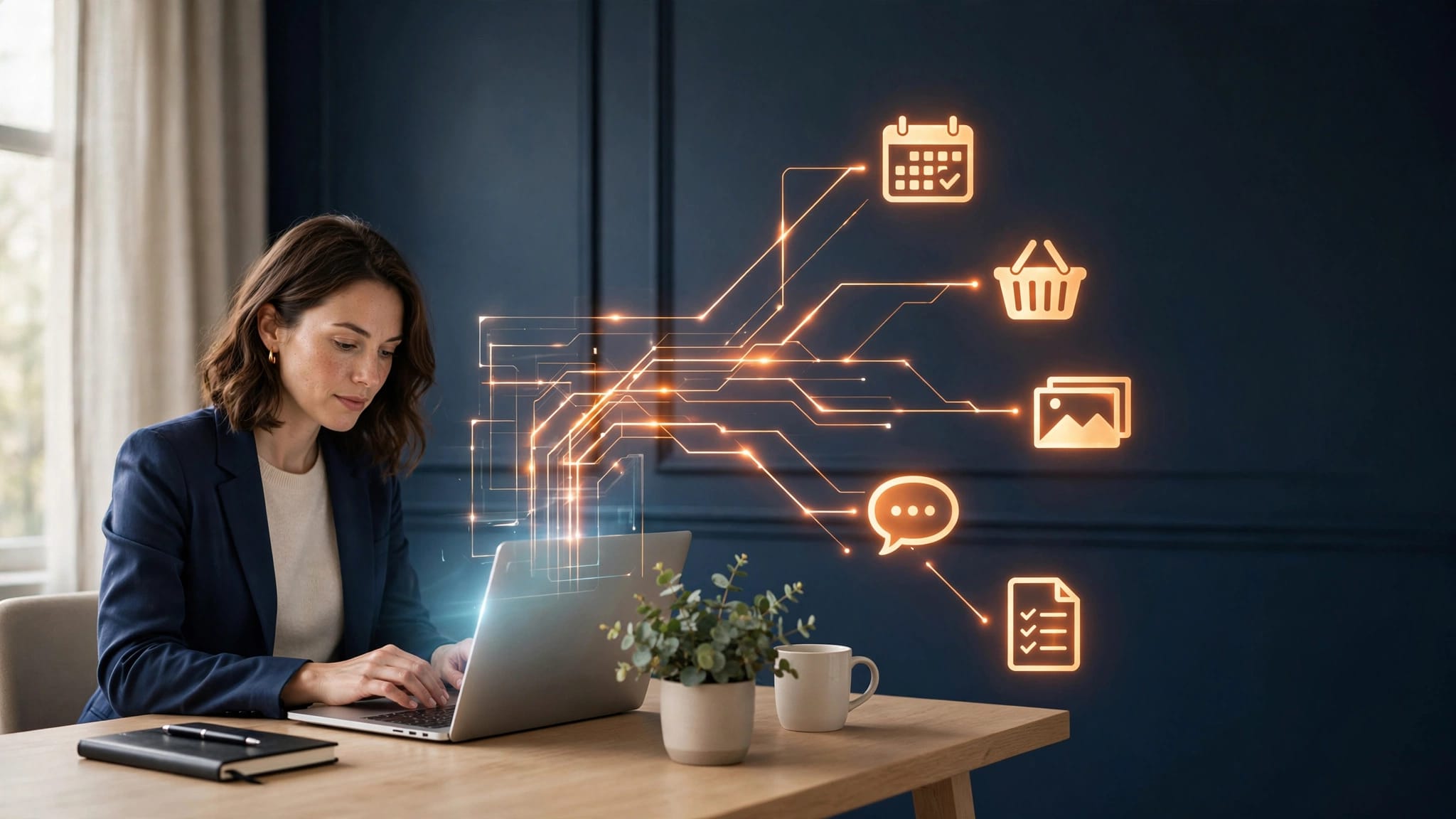 Business owner viewing a laptop beside glowing website service icons.