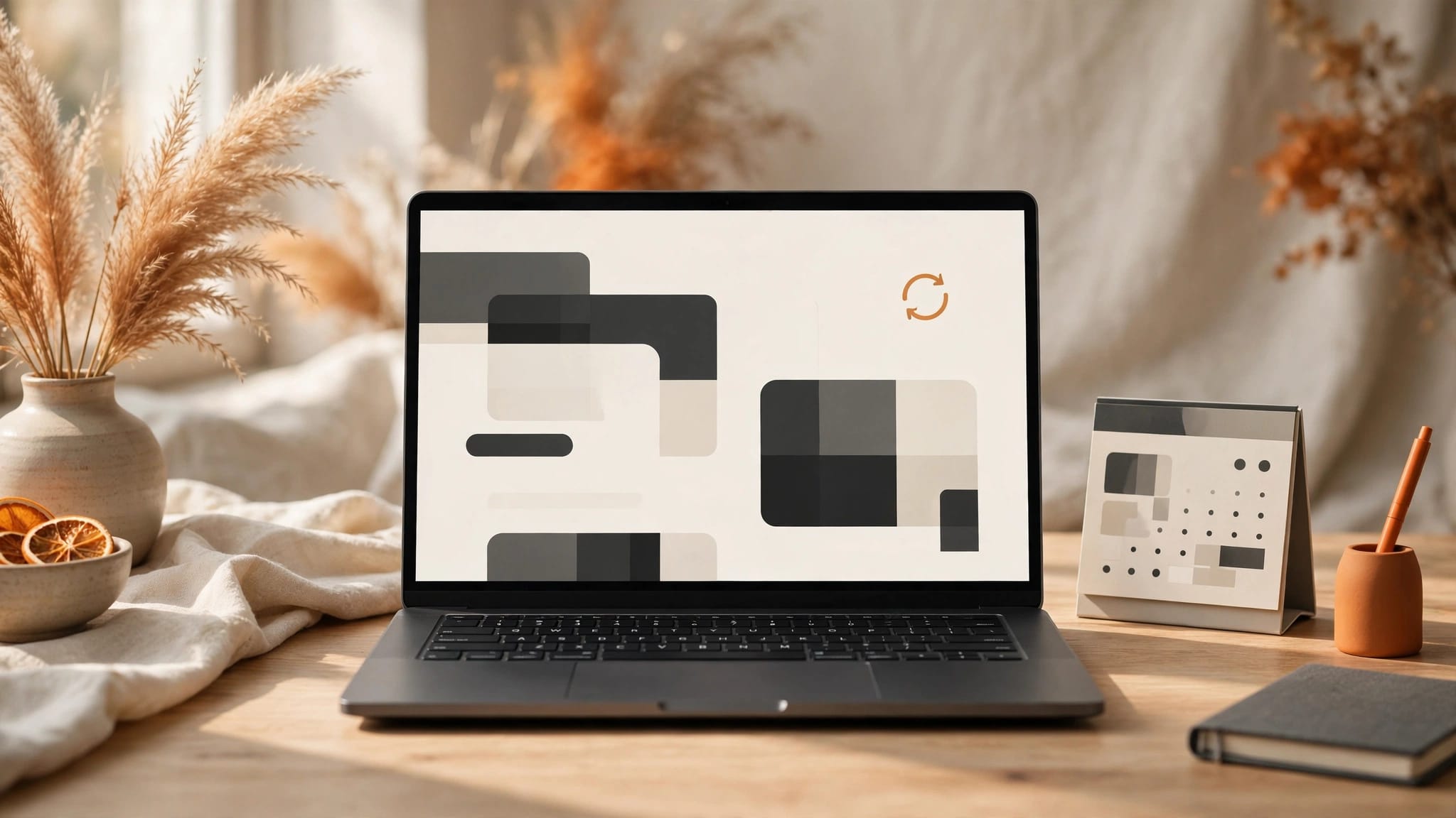 Laptop showing a business website beside a calendar and refresh icon.