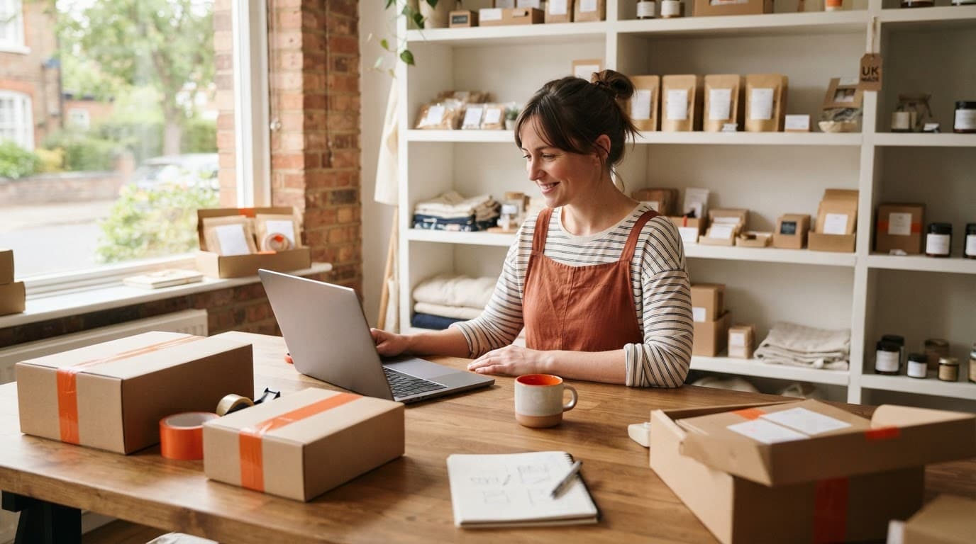 A retailer beside a laptop with neatly arranged parcels in a bright shop workspace.