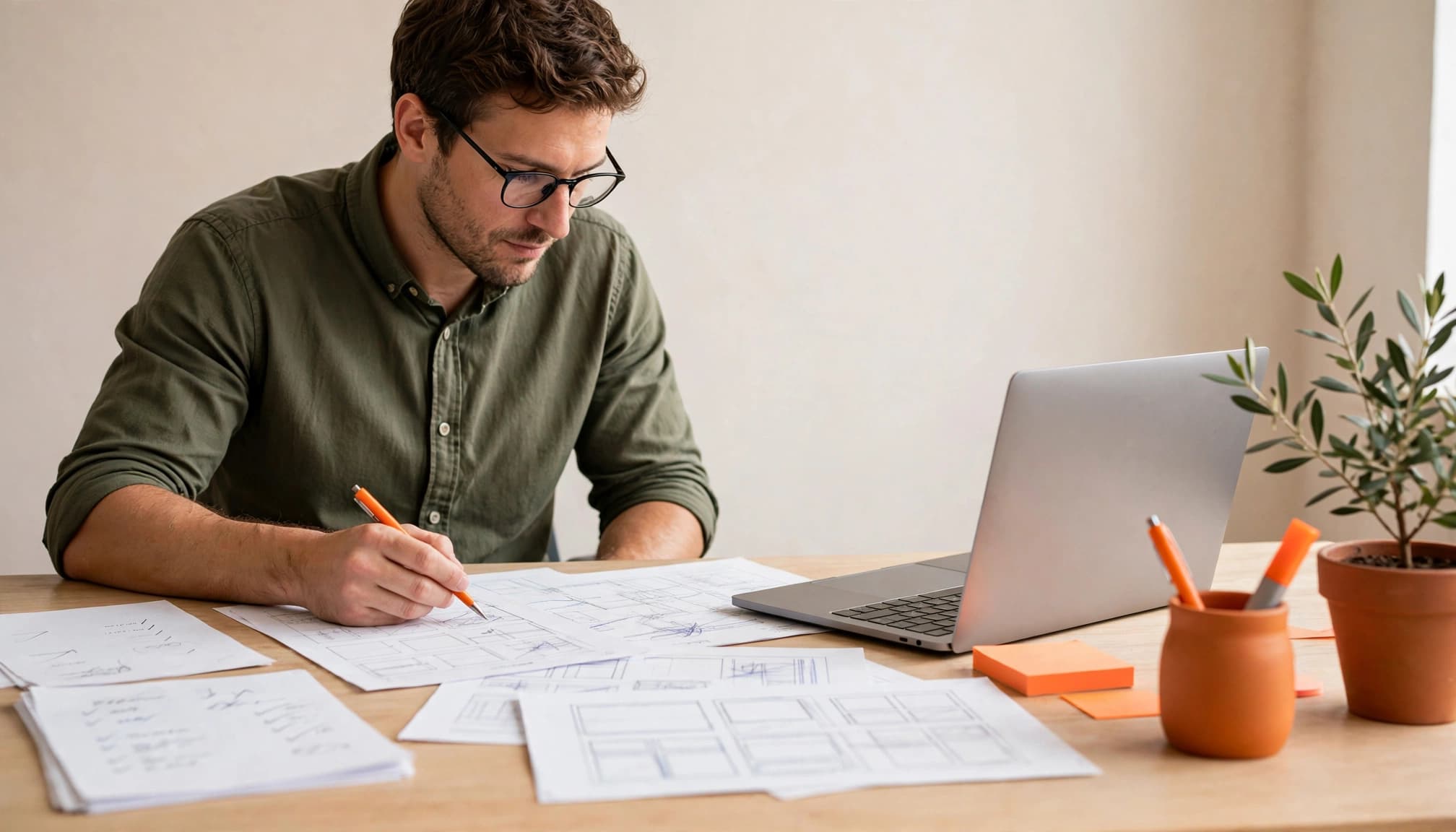 A business owner reviews wireframe papers beside a laptop in a bright office.