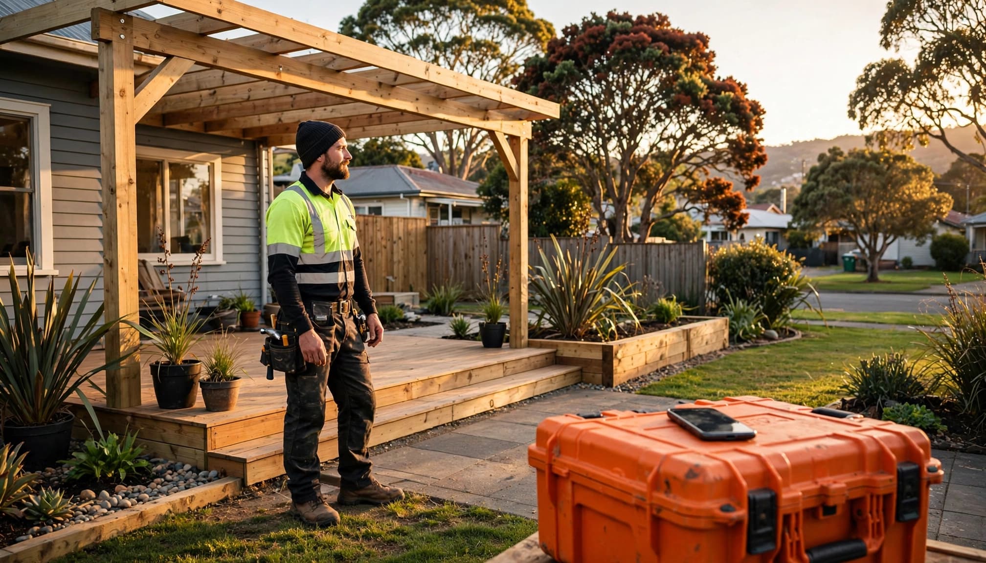 Tradesperson beside finished outdoor work with a smartphone on an orange tool case.
