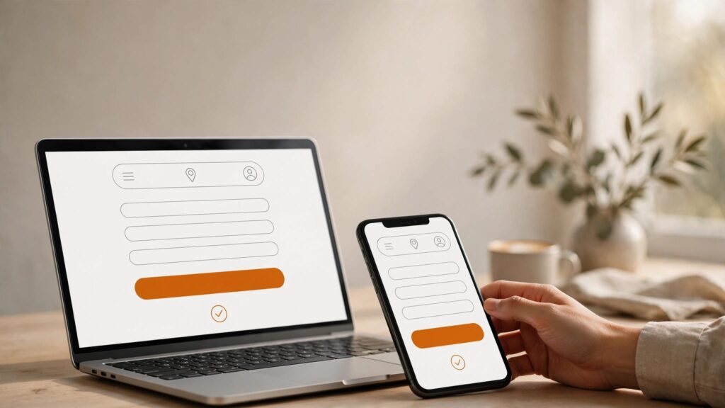 Laptop and smartphone showing a service website with an orange contact button and form.