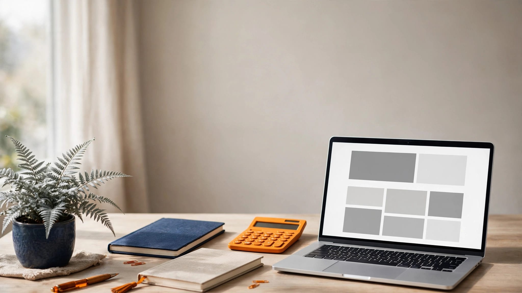 Laptop with website layout blocks, calculator, notebook, and silver fern plant on a modern desk.