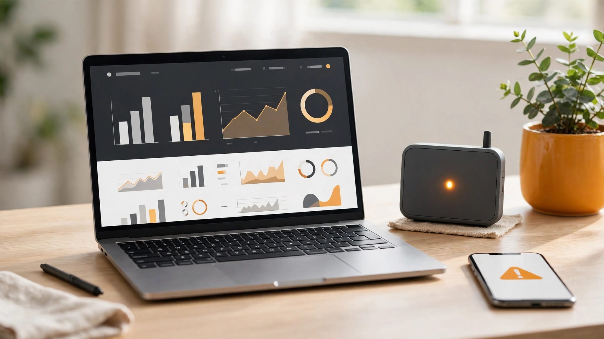 A laptop dashboard, monitoring device, and smartphone sit on a tidy desk.