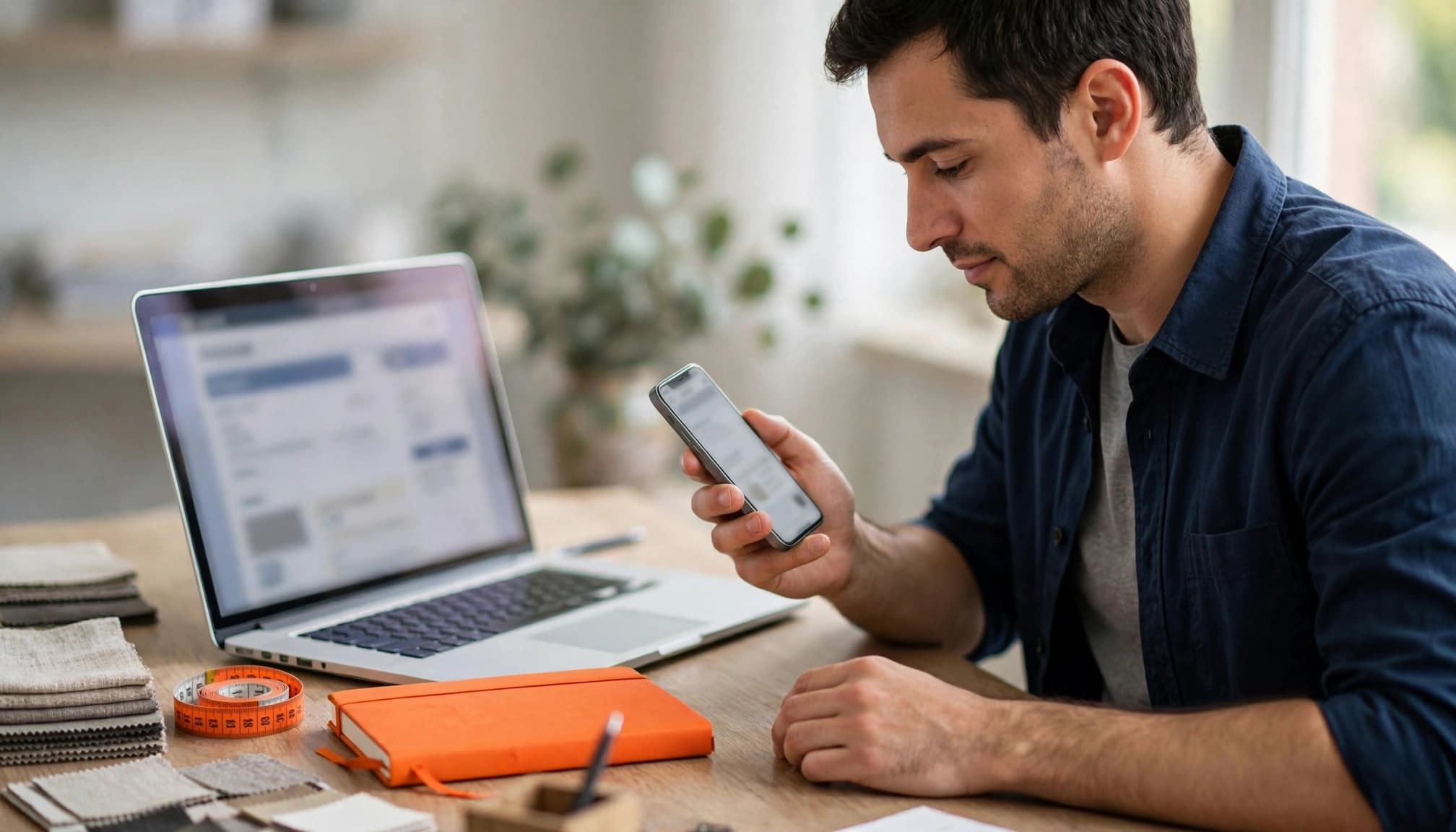 A business owner checks a phone beside a laptop with a blurred enquiry form.