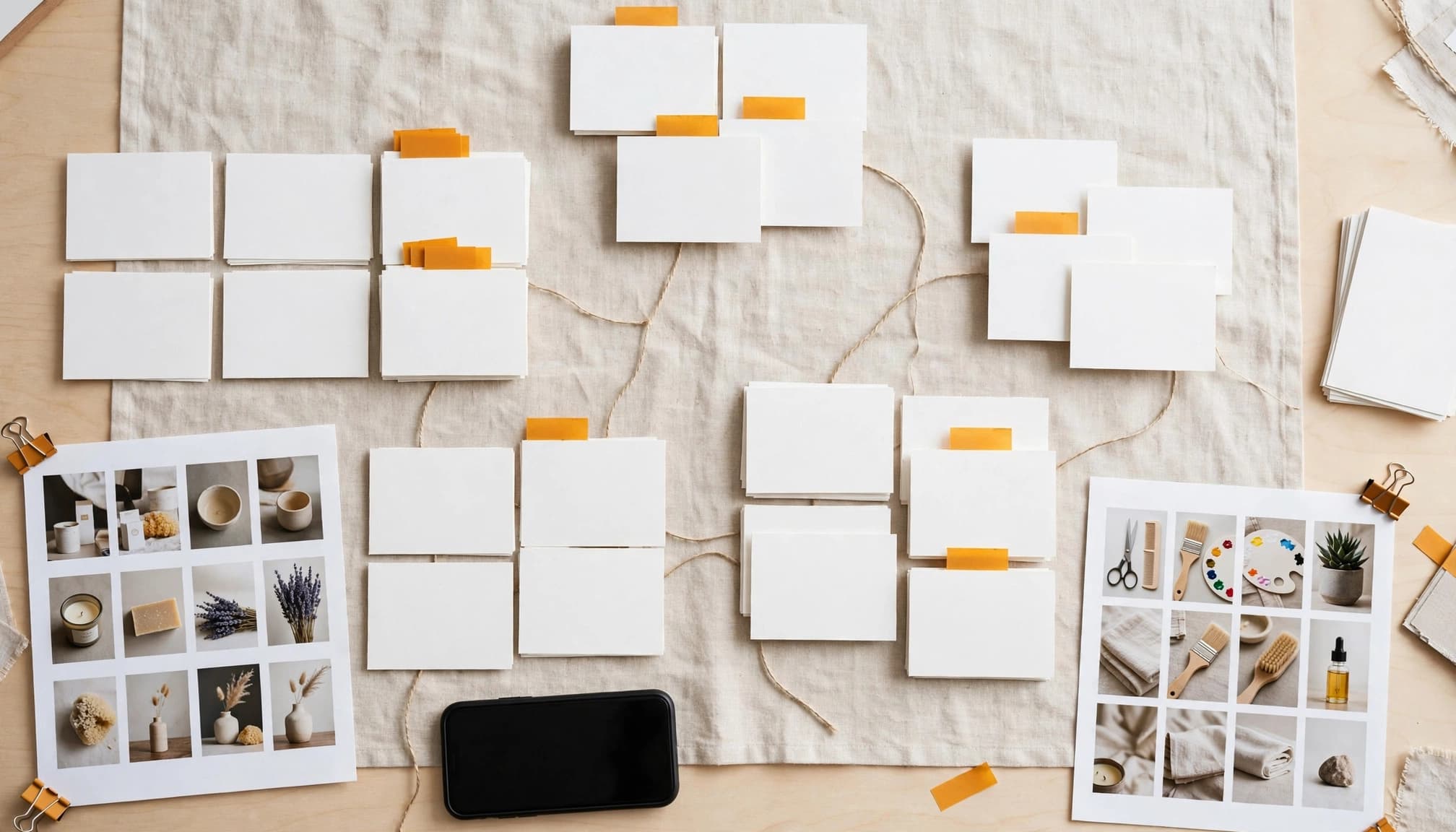 Blank page cards, a phone, and photo sheets arranged on a bright work surface.