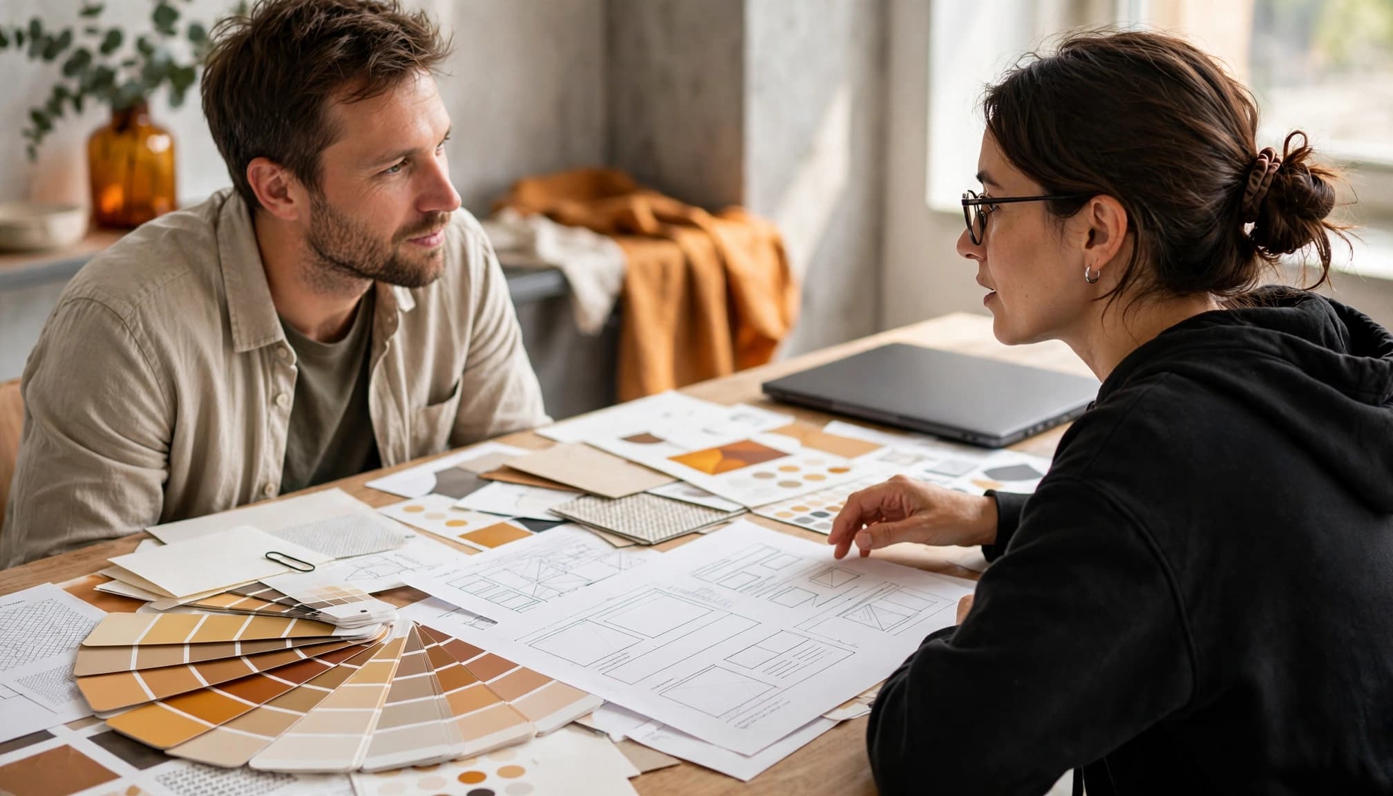A business owner and web designer review papers and color swatches at a studio table.