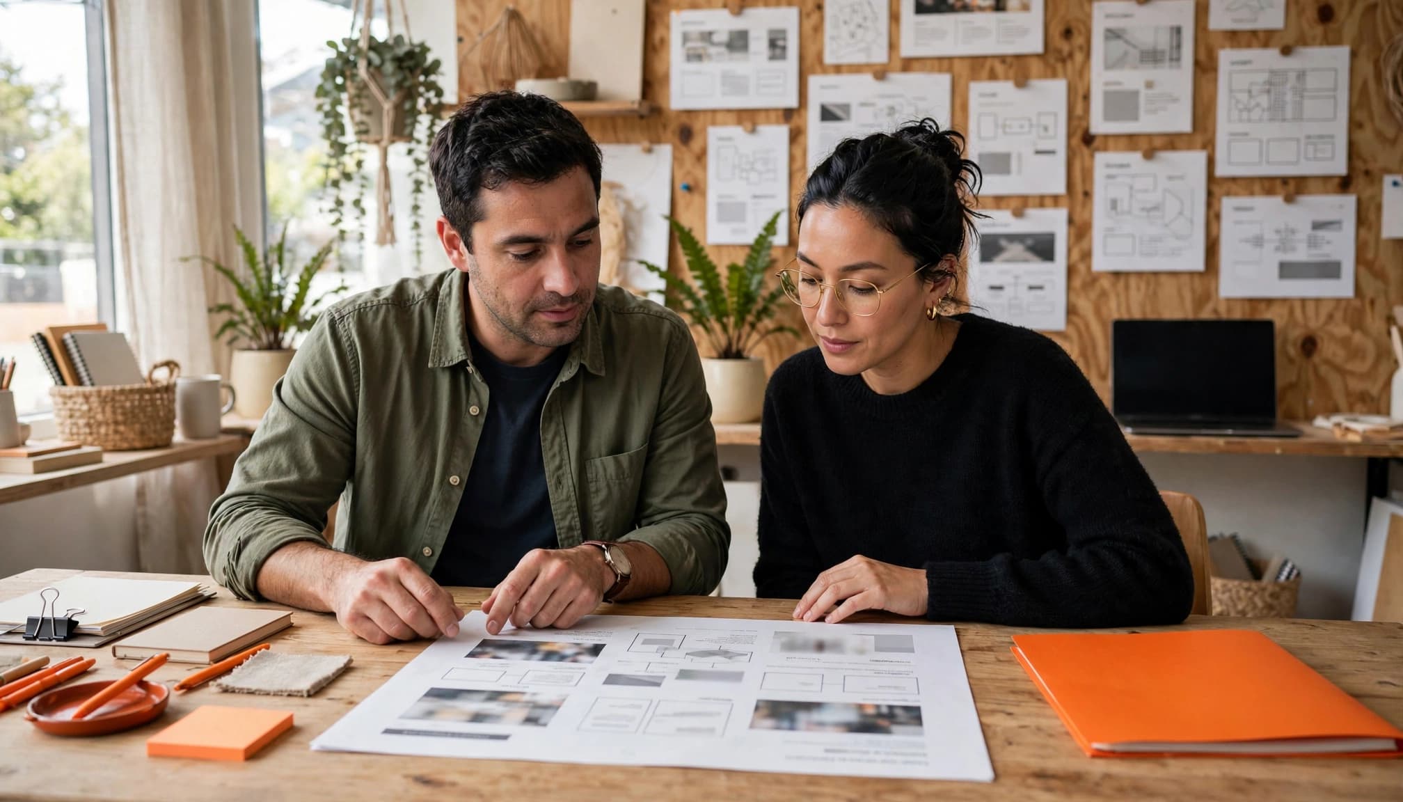 Two people review a website scope document at a bright studio table.