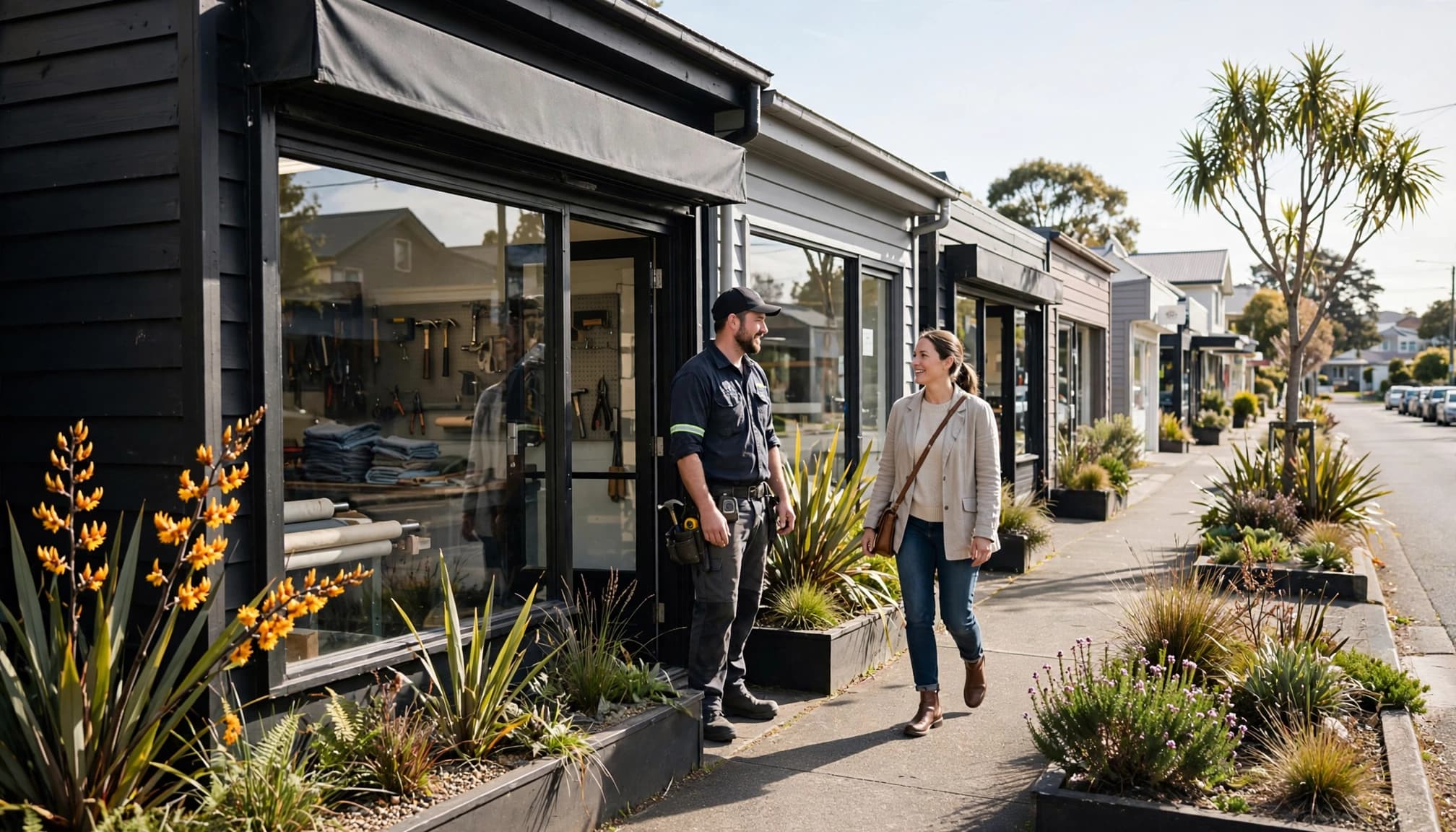 A tradesperson waits outside a Christchurch shop as a customer approaches.