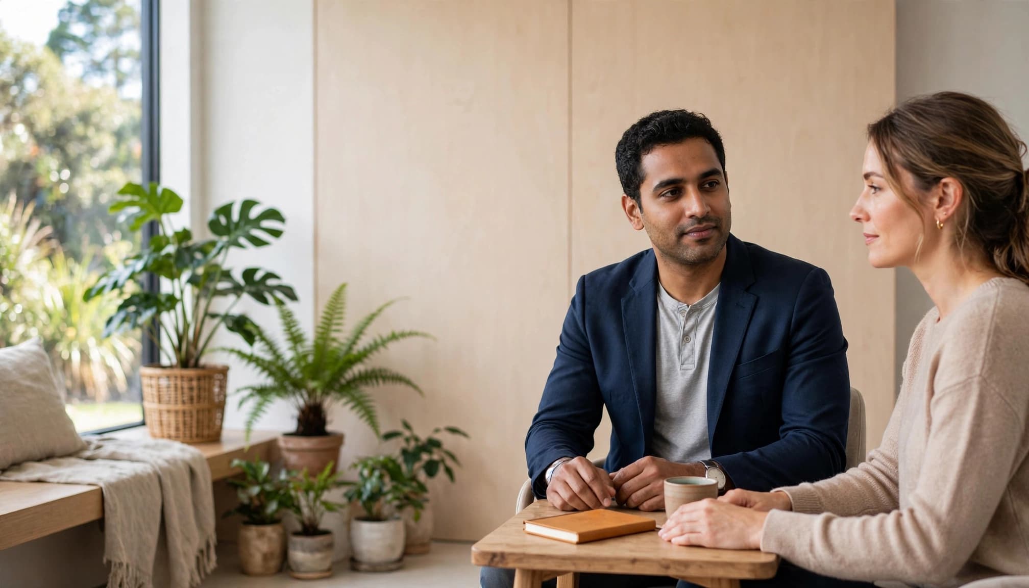 A consultant and client talk across a table in a bright, plant-filled studio.