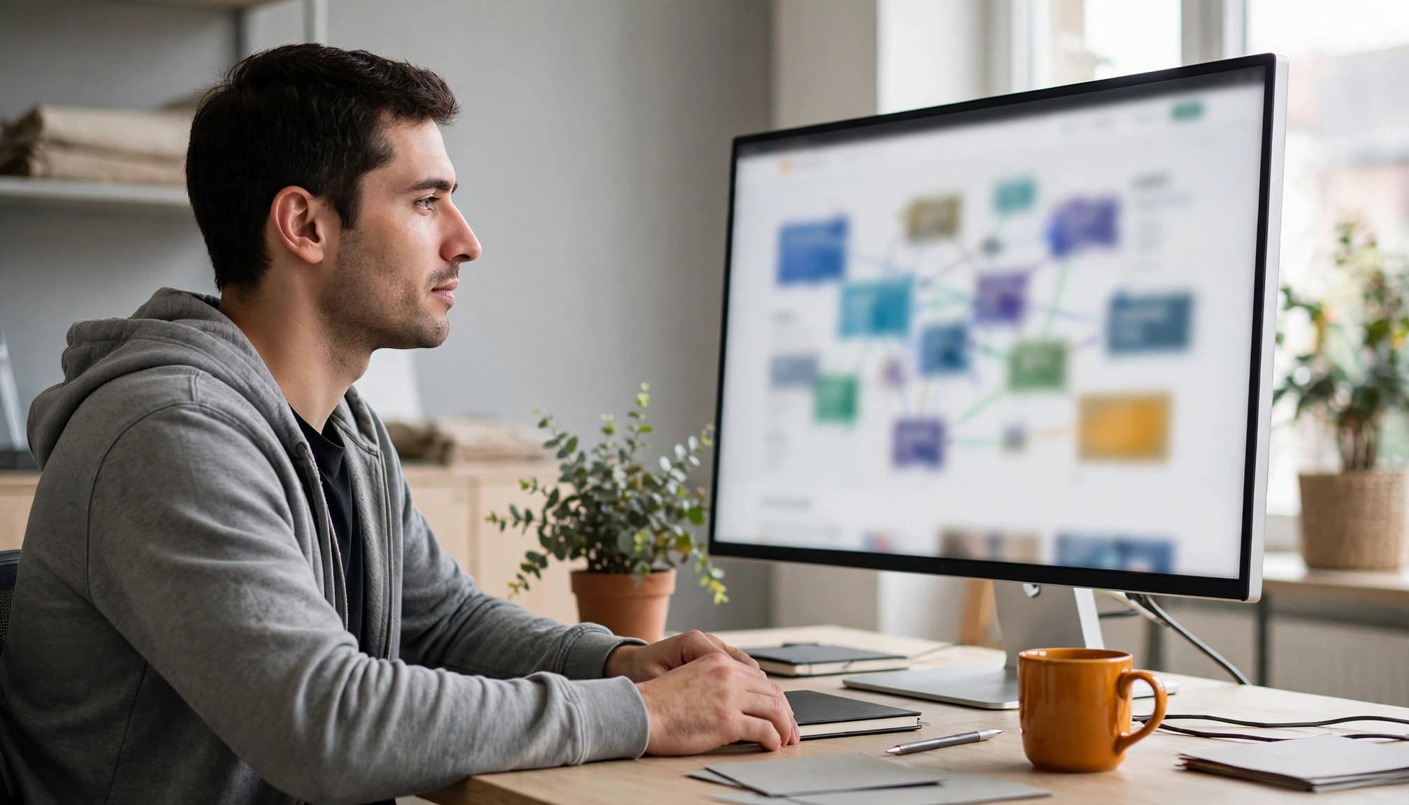 A man seated at a desk looks at a large computer monitor displaying a blurred diagram.