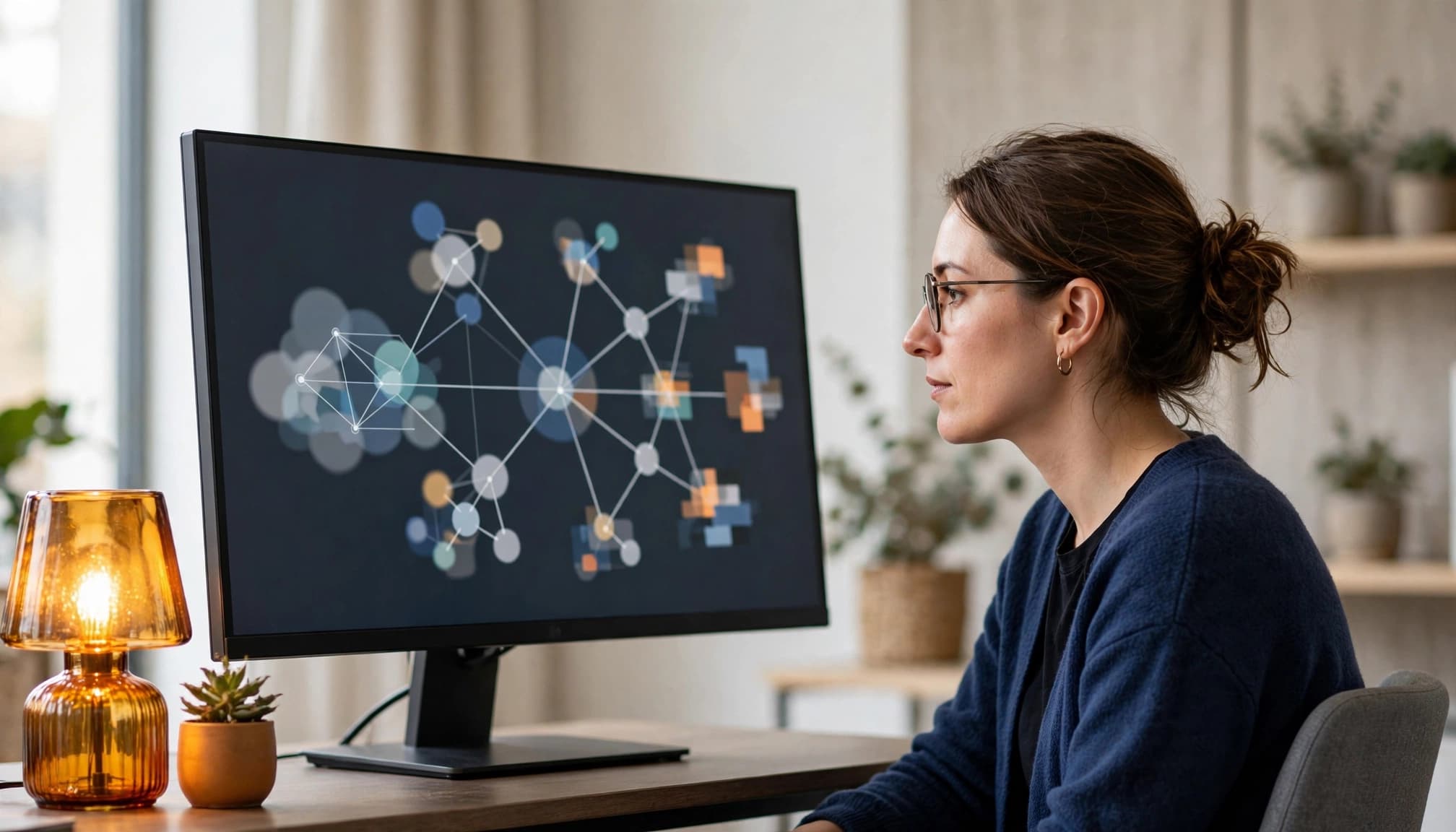 A woman in glasses looking at an abstract network diagram on a large monitor.