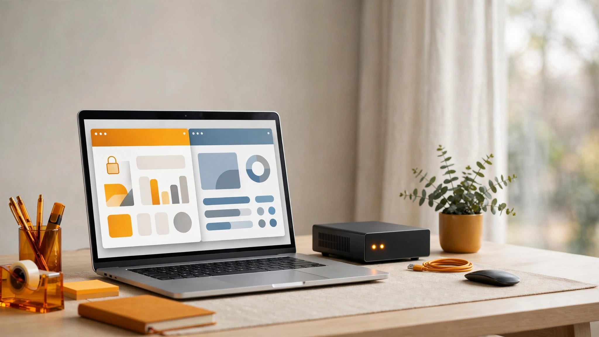 A laptop and small server sit on a tidy desk with amber accessories.
