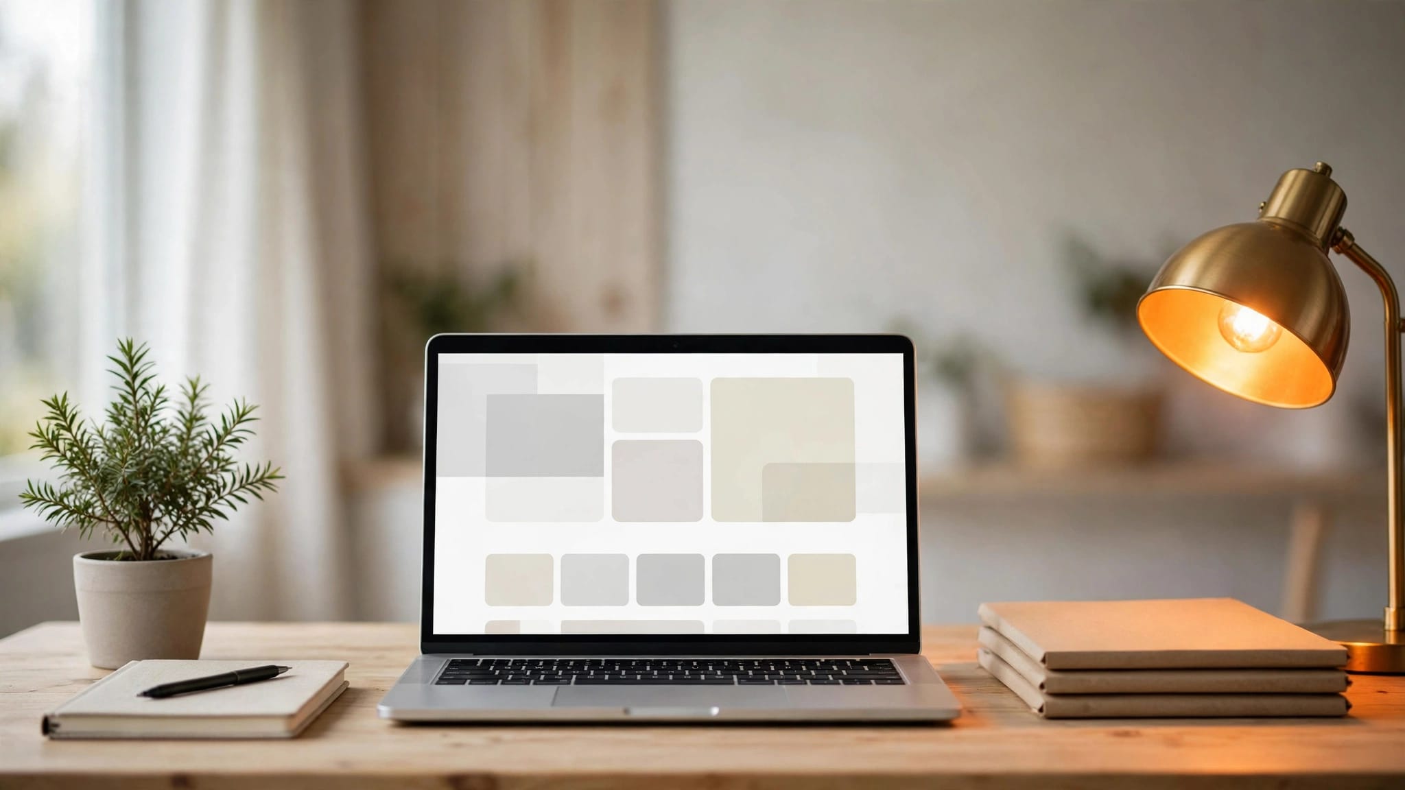 A laptop with a website mockup beside a notebook and folders.