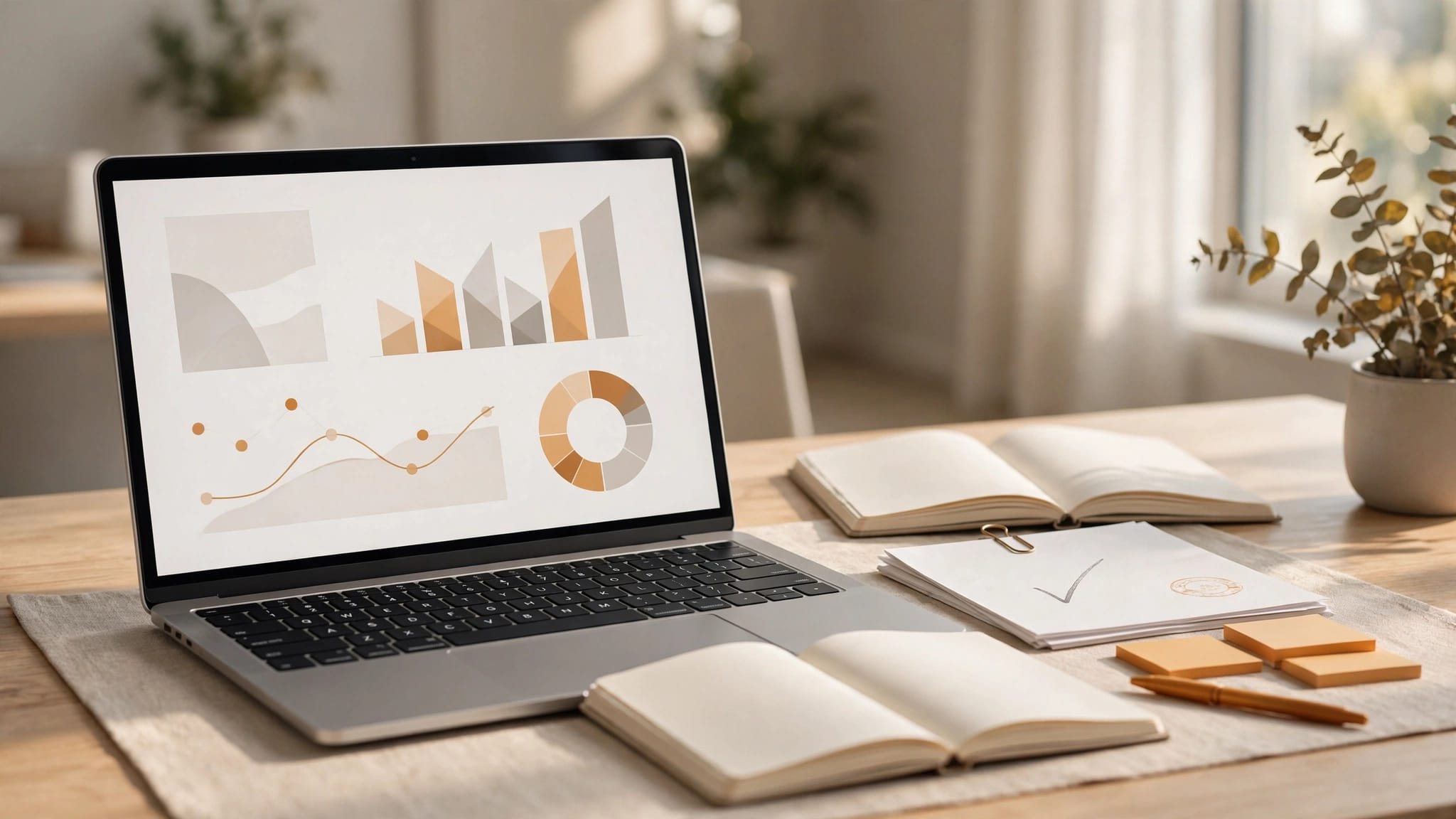 A laptop with charts sits beside a notebook and client documents.