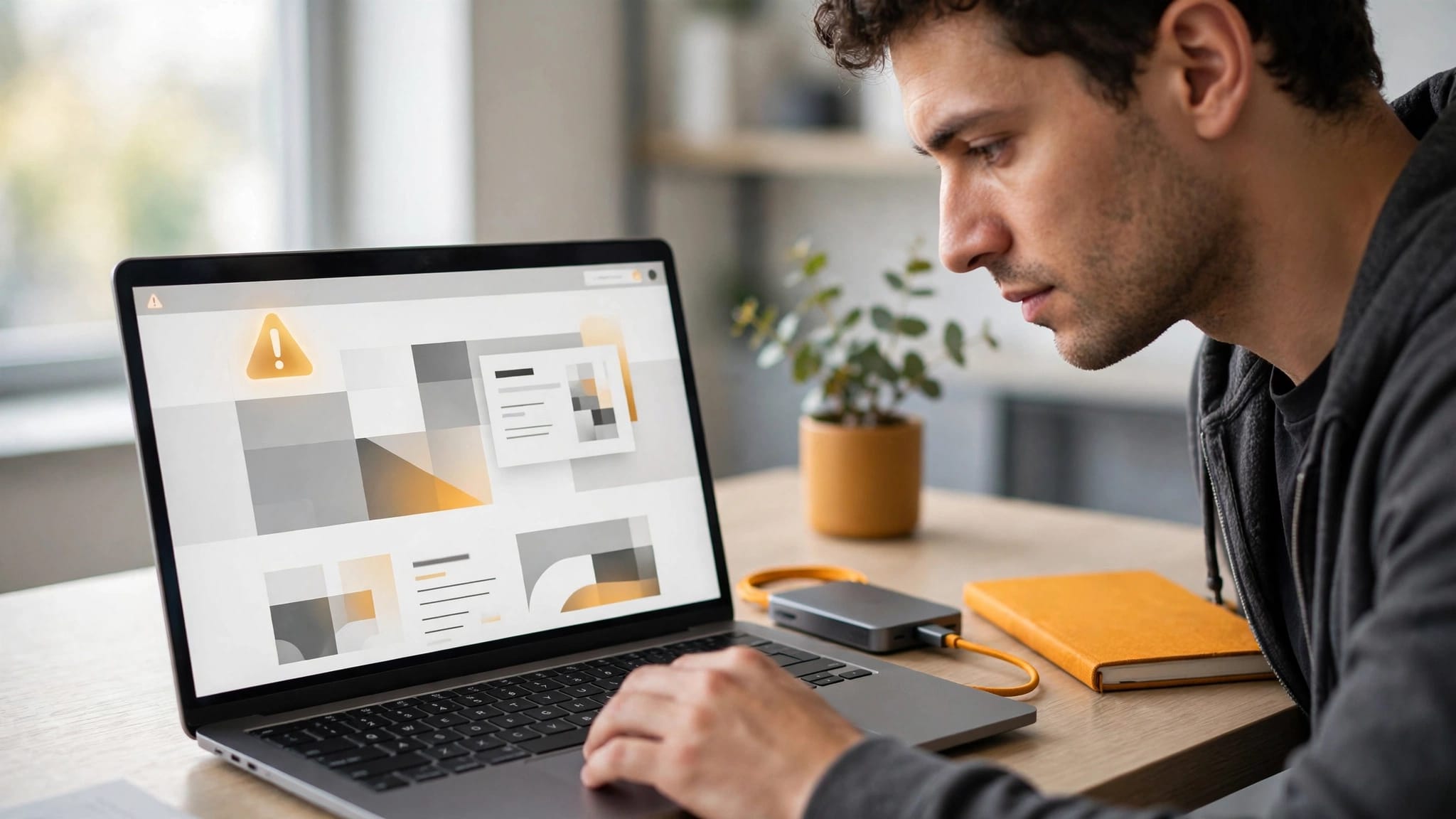 A laptop with an amber warning icon sits beside a backup drive and notebook.