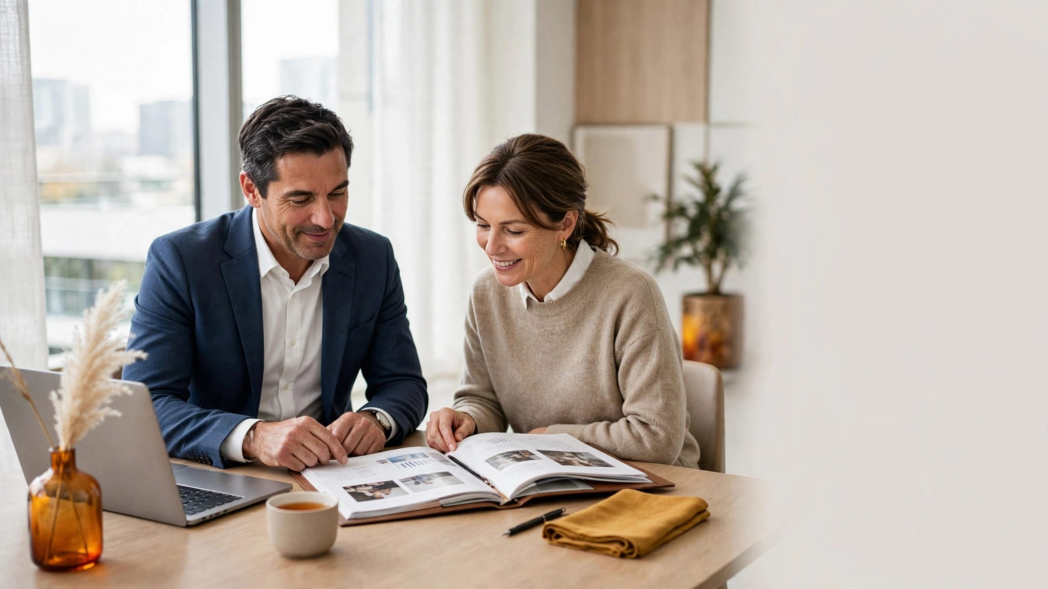 A consultant and client review a portfolio at a bright office table.