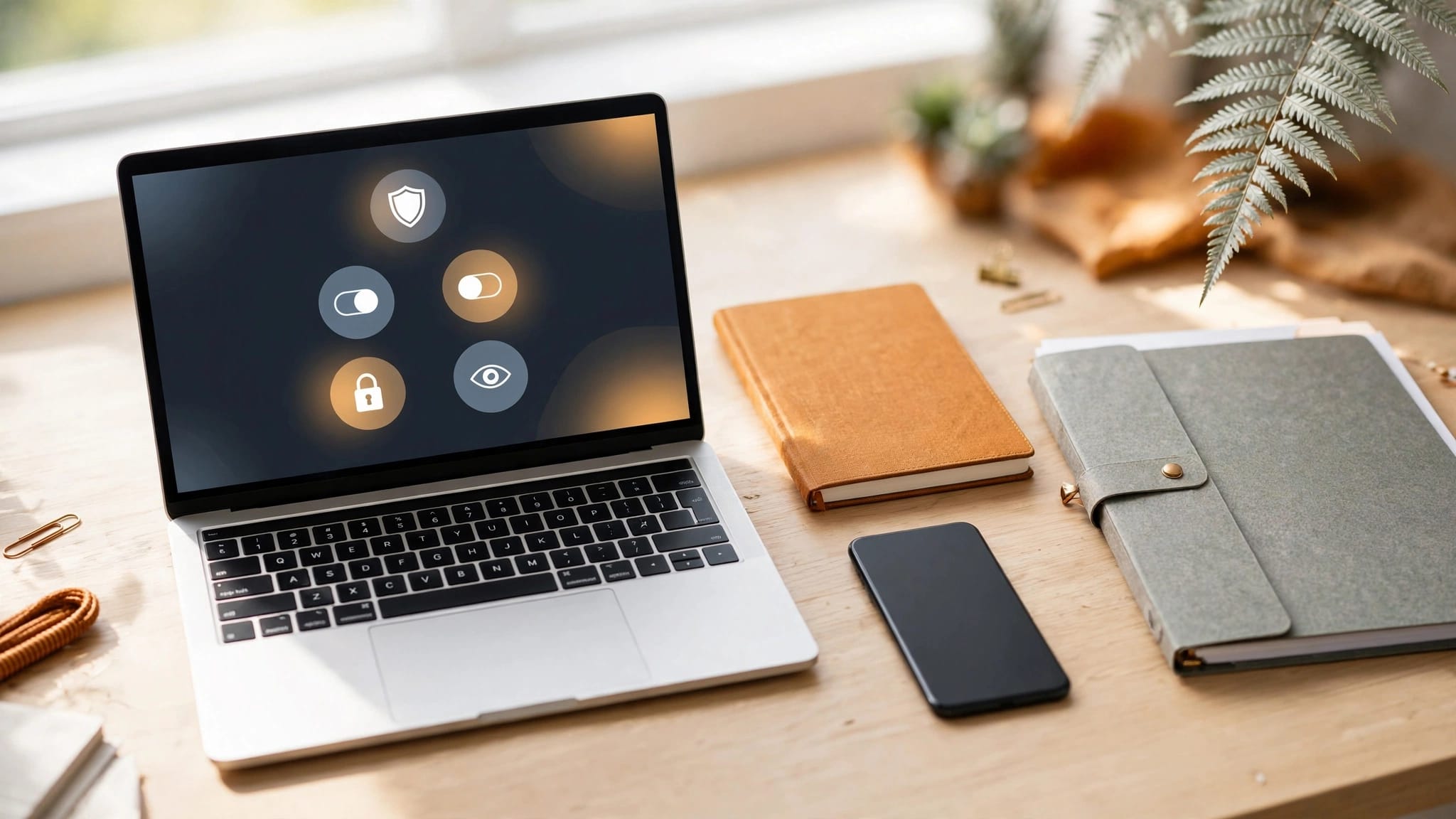 A laptop with privacy icons sits beside a notebook, phone, and secure folder.