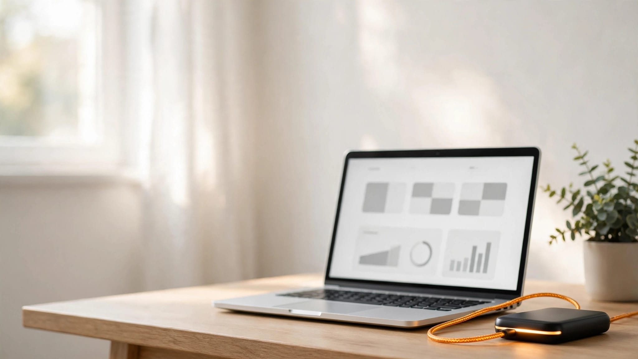 A laptop showing a website dashboard sits beside an external backup drive.