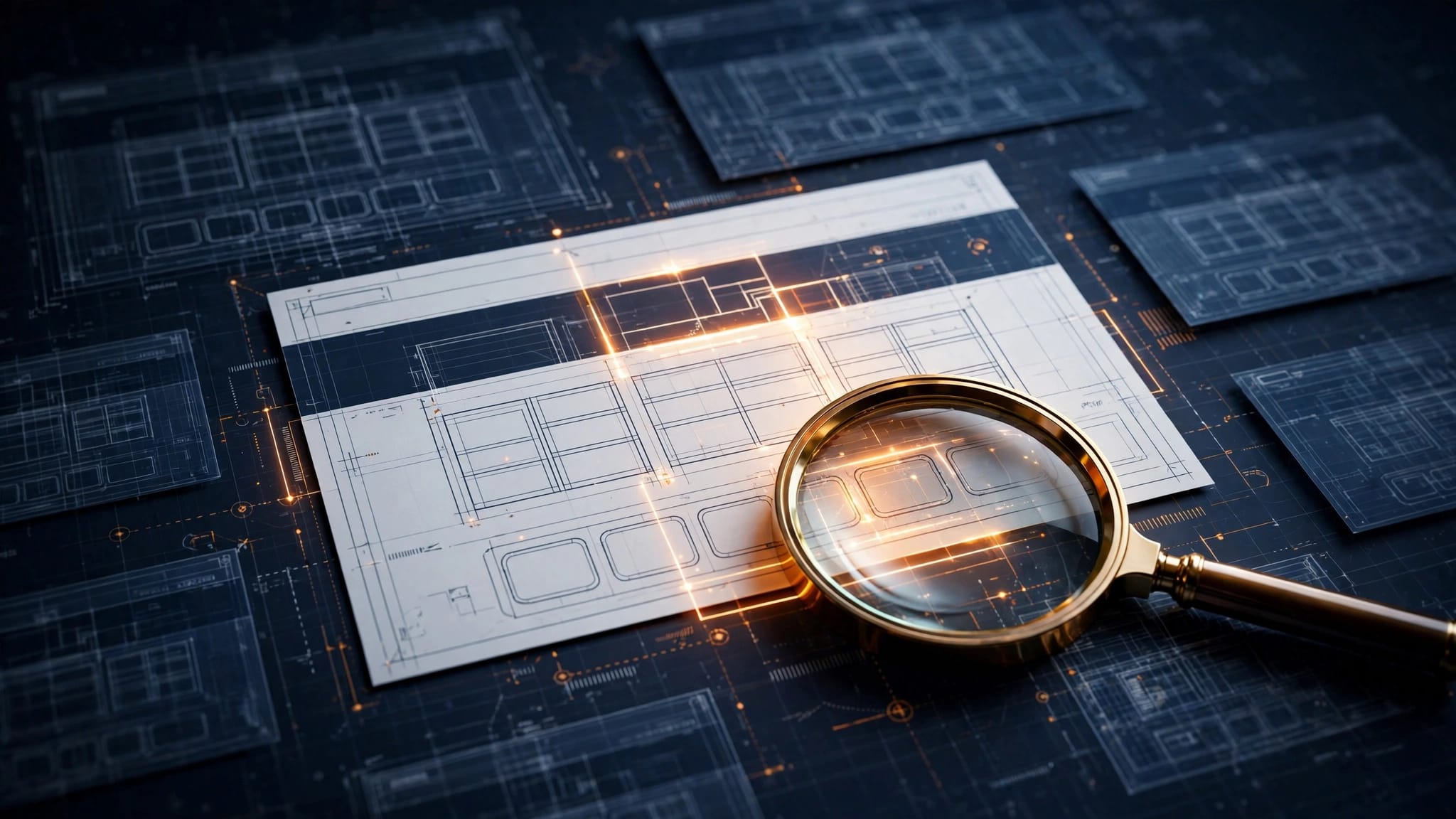 A bright website page stands out among shadowed pages beside a magnifying glass.