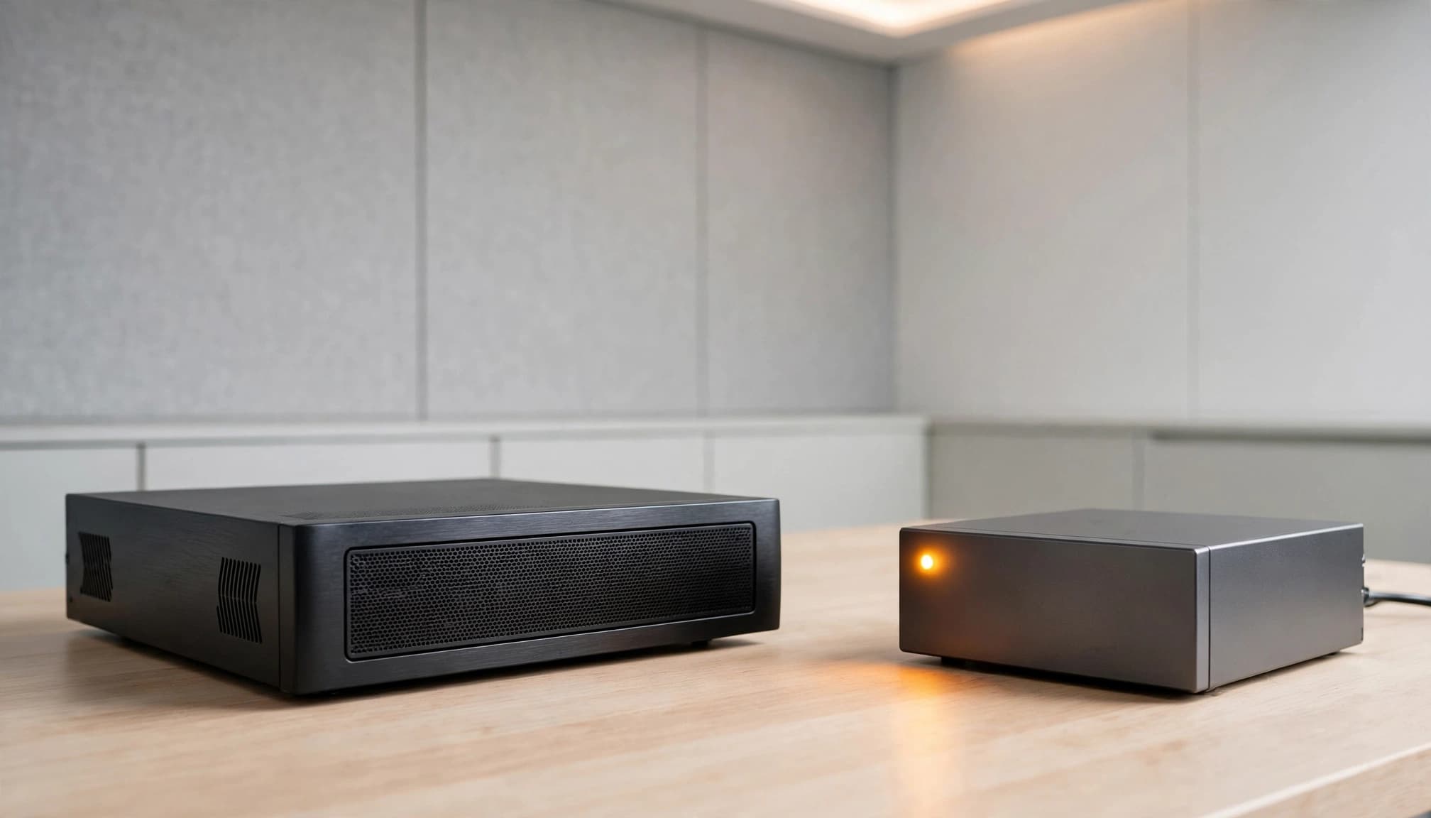 Two server devices on a wooden workbench with a single amber indicator light on the smaller unit.