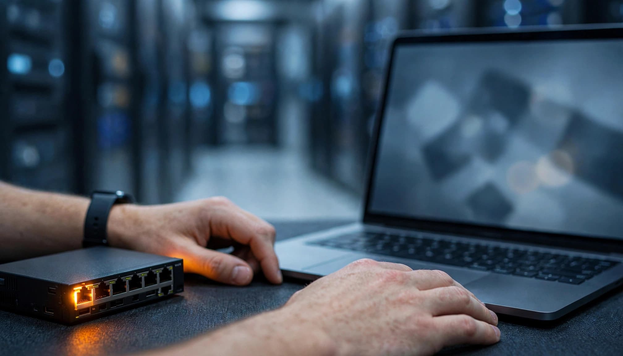 Two hands rest beside a network switch and laptop in a server room.