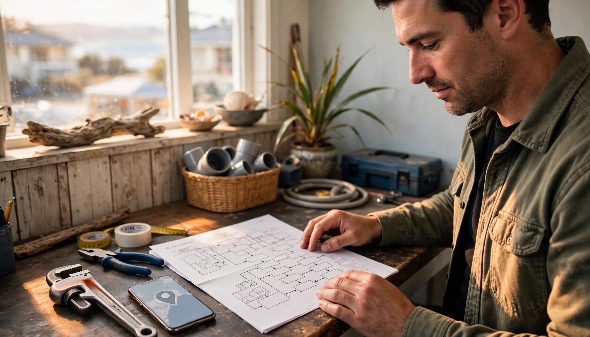 A man reviews a printed blueprint on a workshop desk with tools and a phone nearby.