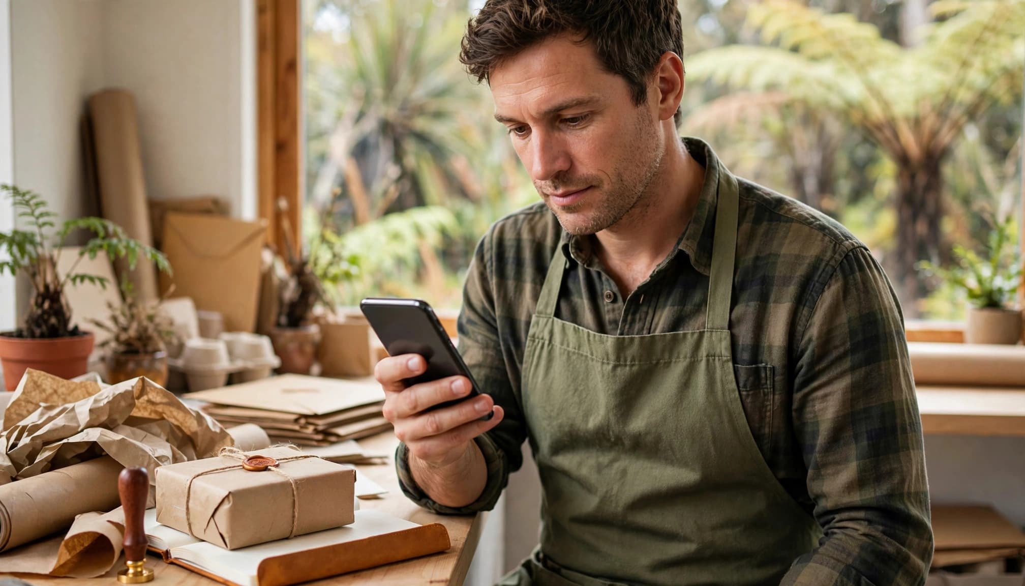 A shop owner checks a smartphone beside a parcel and packing materials.