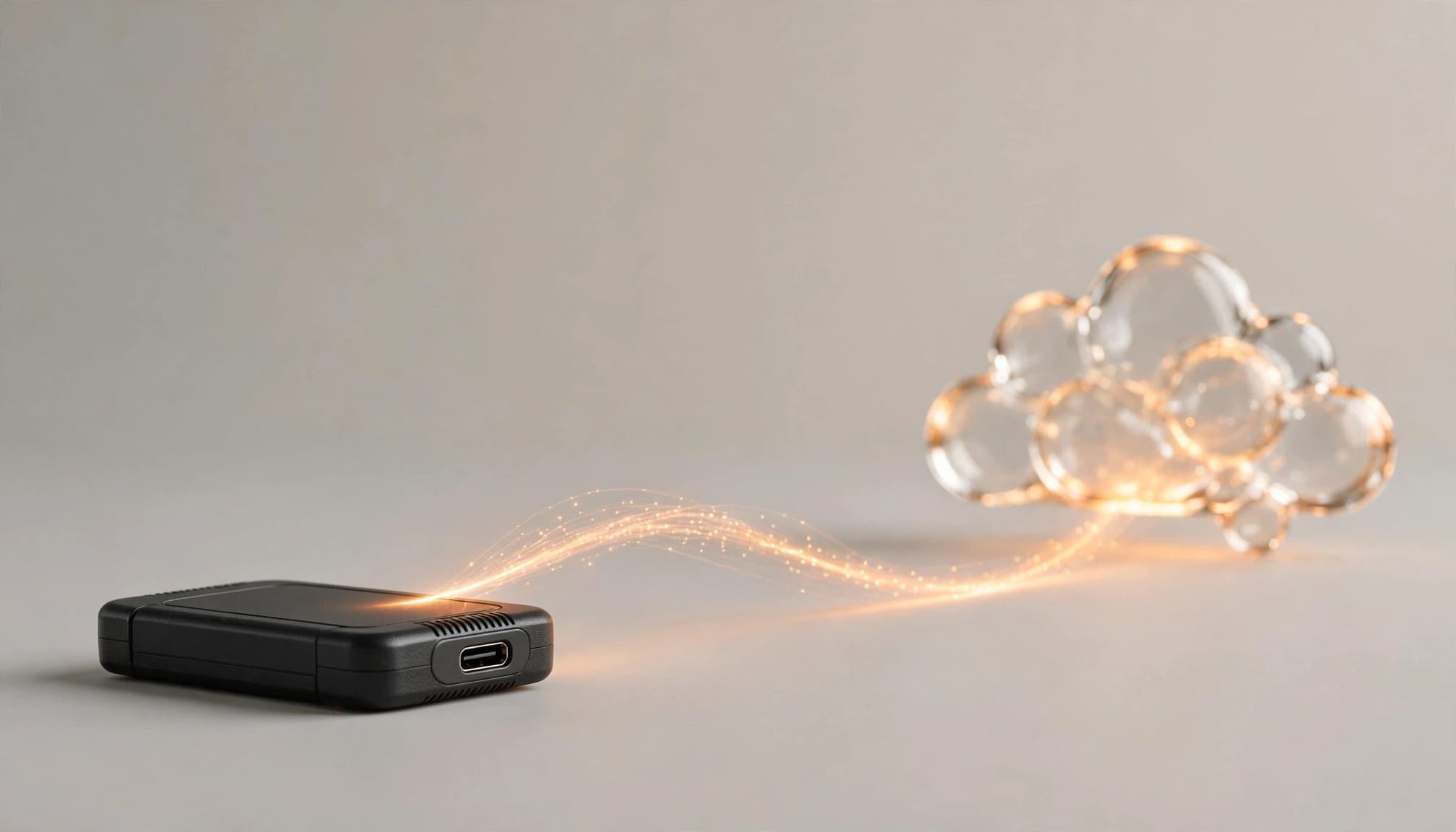 A black storage drive is linked by a warm amber light trail to a glass cloud sculpture.