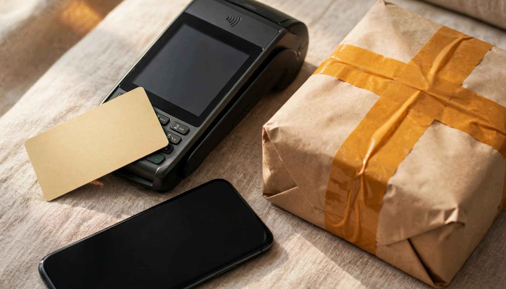 A card terminal, bank card, and smartphone beside an amber-taped parcel.
