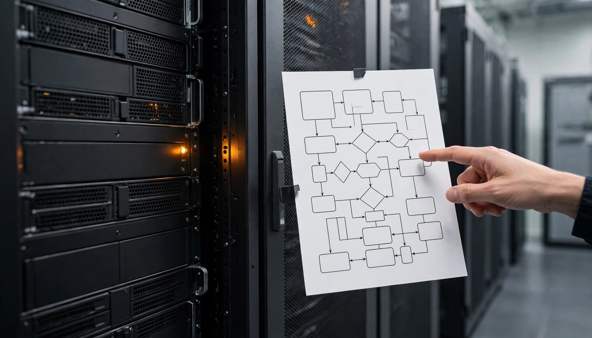 A hand pointing at an abstract flowchart attached to a server rack in a data centre.