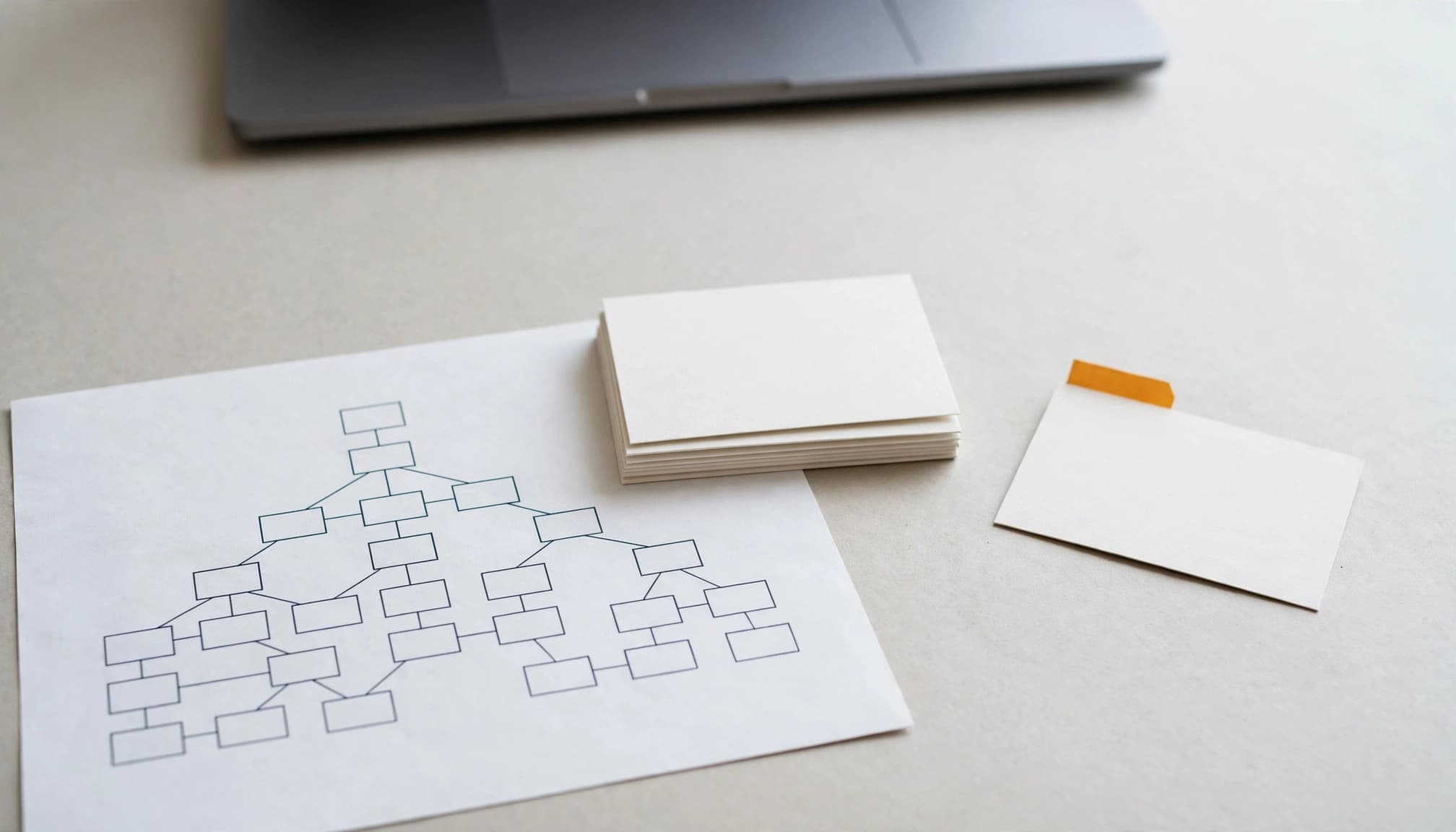 A site map diagram, a stack of blank cards, and a single card with an amber tab on a table.