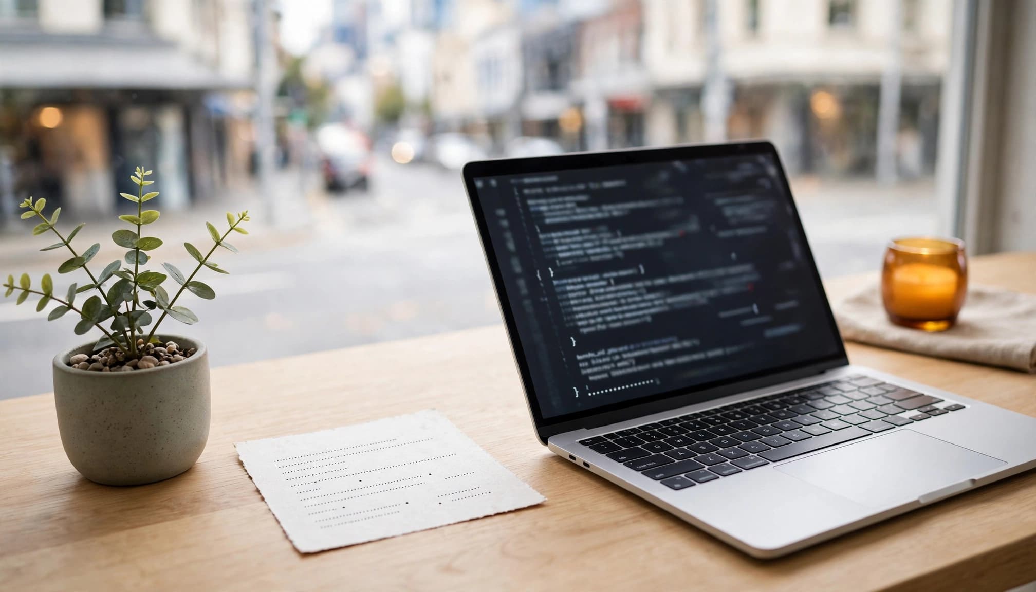A laptop displaying abstract code, a small potted plant, and a paper card on a wooden desk.