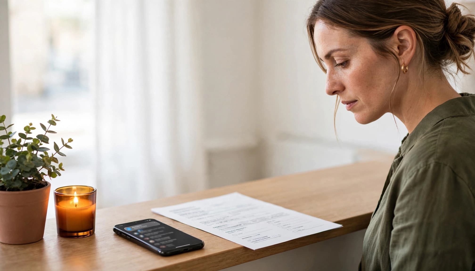 An owner reviews a paper enquiry beside a phone at a bright studio counter.