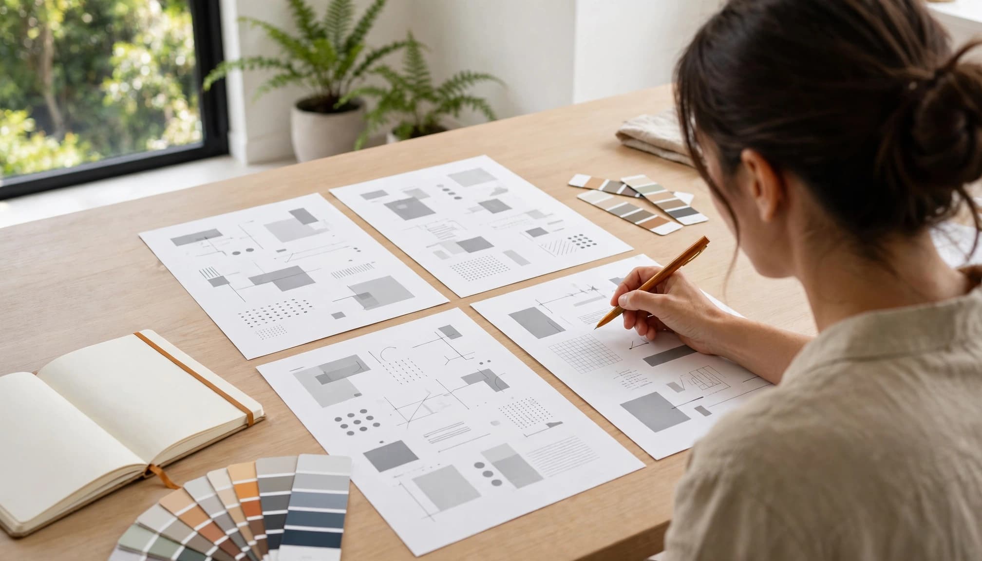 A woman reviews design layout papers and colour swatches at a wooden table.