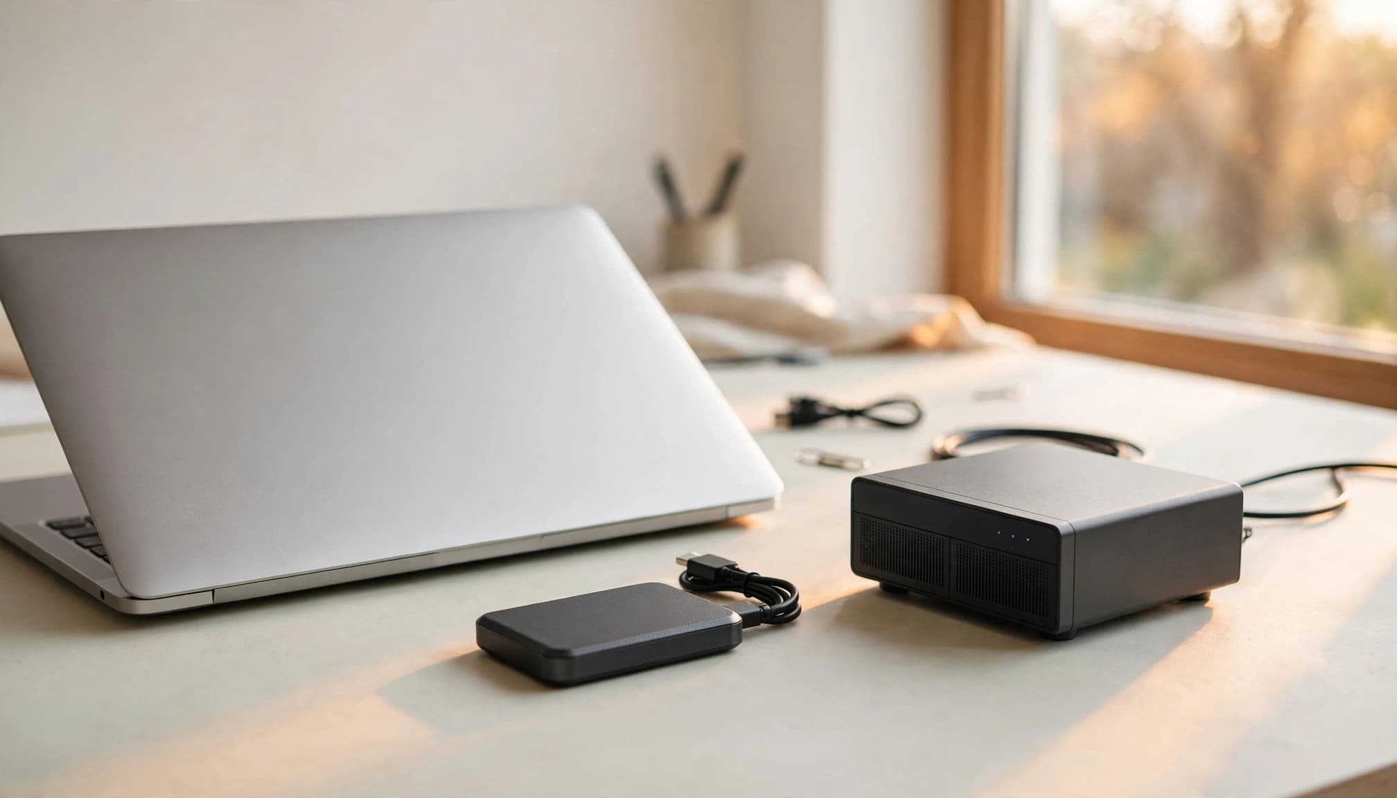 A closed laptop, a small external hard drive, and a NAS unit on a desk.