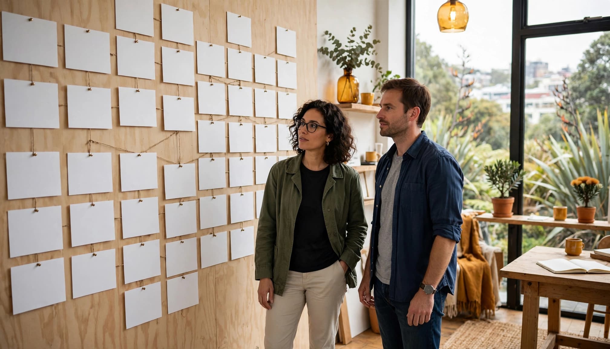 Two people standing in a studio looking at blank cards pinned to a wooden wall.
