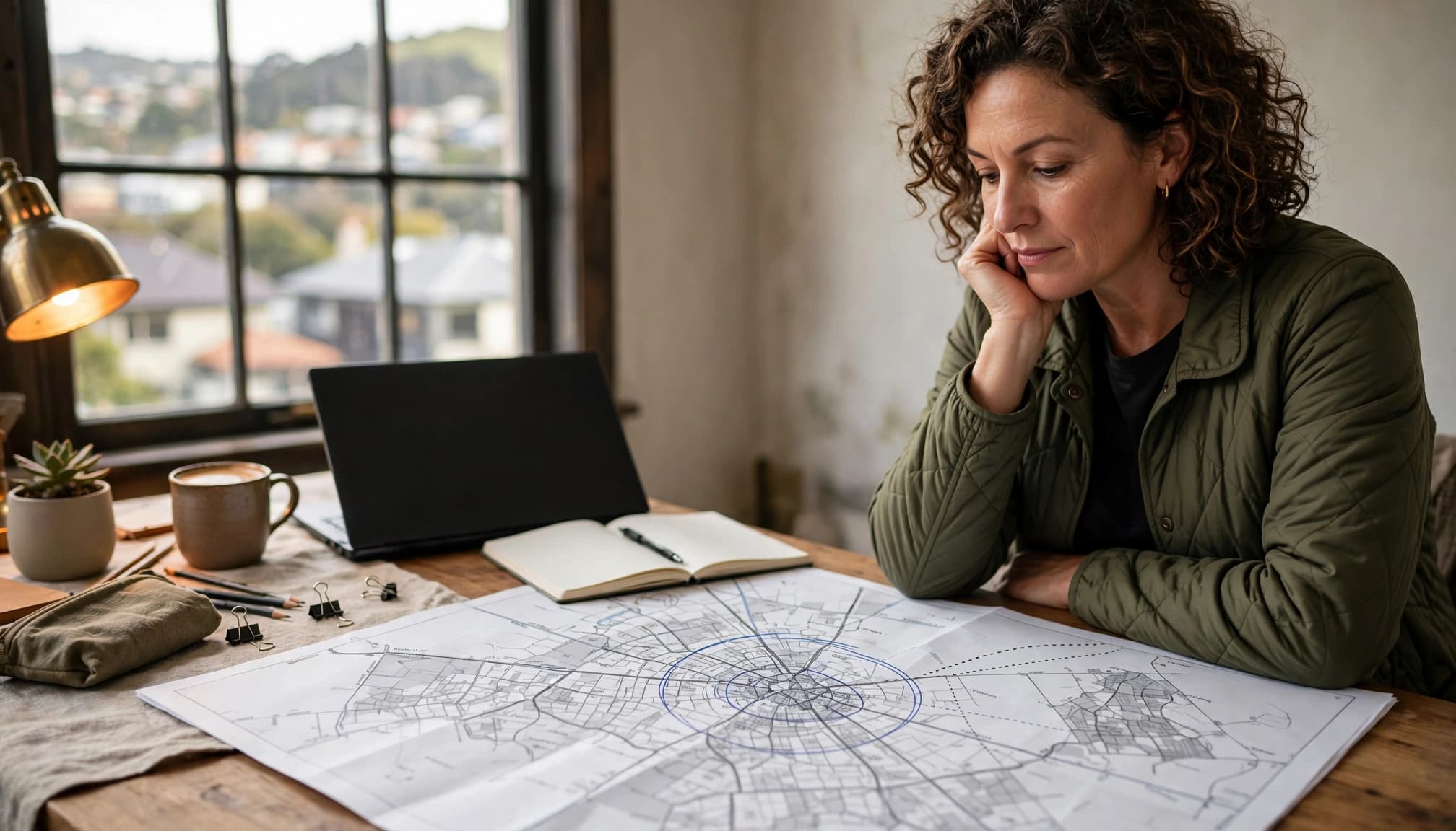 A business owner reviews a printed map beside a notebook and closed laptop.